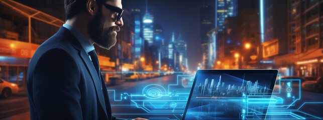Programmer using laptop analyzing financial data on futuristic virtual interface. Global business development, strategy and planning, digital technology. Data scientist