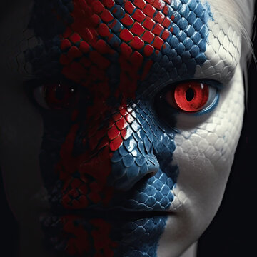 Unexistable woman face with snake skin in white, red blue colors and squama. Alien life, angry red eye, masquerade, body art and face art concept
