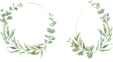 Watercolor set of floral frames with eucalyptus leaves, branches. Hand drawn illustration isolated on white background. Vector EPS.