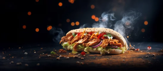 Foto op Plexiglas anti-reflex fresh grilled beef turkish or chicken arabic shawarma doner sandwich with flying ingredients and spices hot ready to serve and eat food commercial advertisement menu banner with copy space area © sizsus