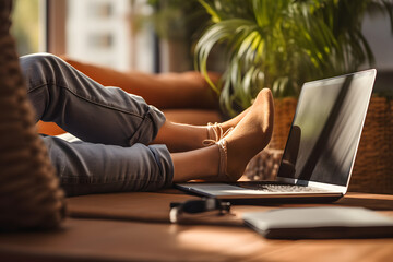 A pair of feet relaxed in slippers under a desk with a laptop signaling a casual work-from-home environment. - Powered by Adobe