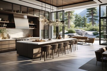3d rendering of modern kitchen and dining room in a luxury house
