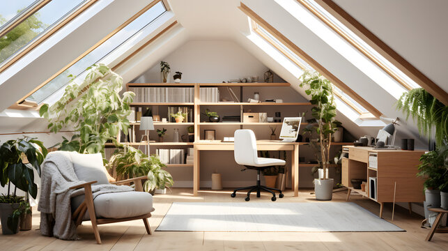 A compact home office in a loft with a skylight a small desk and a comfortable chair.