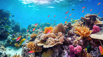 Naklejka na ściany i meble Diverse soft corals and a shoal of fish in a tropical reef.