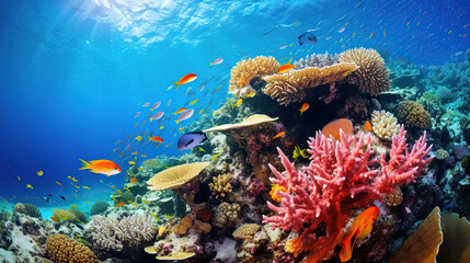 Fototapeta na wymiar Diverse soft corals and a shoal of fish in a tropical reef.