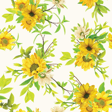 greenery floral sunflower seamless pattern