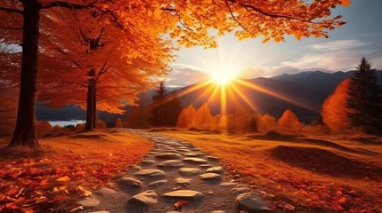Foto auf Leinwand Natural autumn landscape with the sun in the forest and a mountain of orange leaves. © Santy Hong