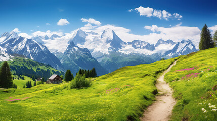 Fototapeta na wymiar Idyllic mountain landscape in the Alps with blooming meadows in springtime.