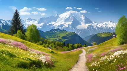 Idyllic mountain landscape in the Alps with blooming meadows in springtime. - obrazy, fototapety, plakaty