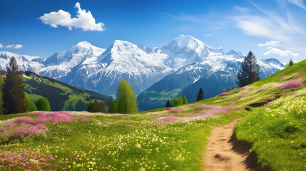 Obraz premium Idyllic mountain landscape in the Alps with blooming meadows in springtime.