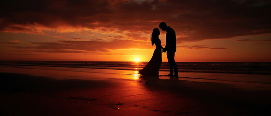 Silhouette of a couple on the beach at the sunrise.