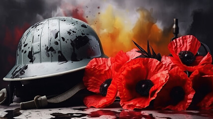 Remembrance Day, Armistice Day, Anzac day background with soldier helmet, ammunition and wild red poppies flowers.