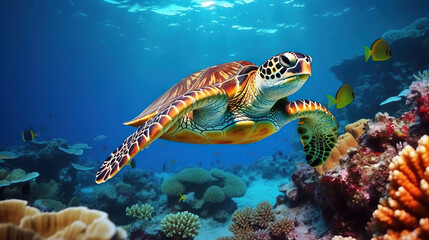 Obraz premium A large sea turtle sitting on a coral reef in the Red Sea.