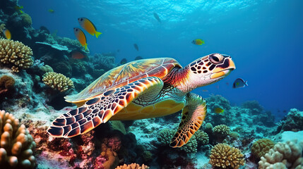 Obraz na płótnie Canvas A large sea turtle sitting on a coral reef in the Red Sea.