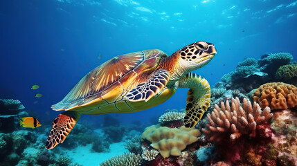 Obraz premium A large sea turtle sitting on a coral reef in the Red Sea.