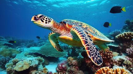 A large sea turtle sitting on a coral reef in the Red Sea.