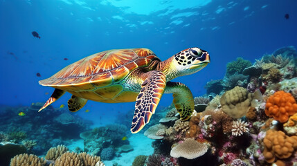 Fototapeta na wymiar A large sea turtle sitting on a coral reef in the Red Sea.