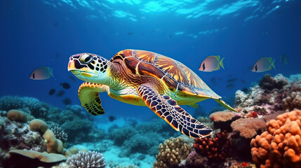 Naklejka na ściany i meble A large sea turtle sitting on a coral reef in the Red Sea.