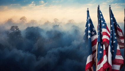 Happy Veterans Day background, American flags against a blue fog background - obrazy, fototapety, plakaty
