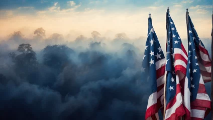 Fotobehang Happy Veterans Day background, American flags against a blue fog background © adynue