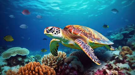 Naklejka premium A large sea turtle sitting on a coral reef in the Red Sea.