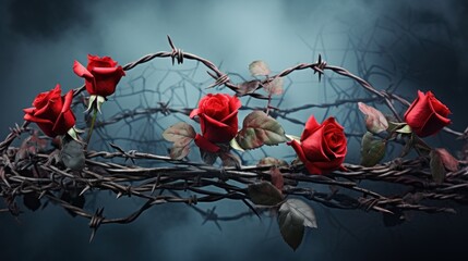 Red roses surrounded by thorny wire.