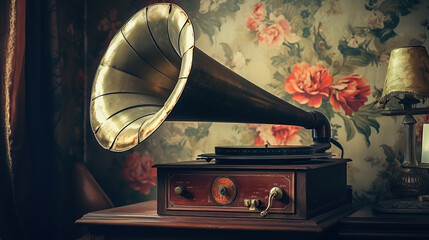 Retro-design gramophone from the 1960s in a grunge room. Music blaster.