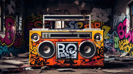 Retro old design ghetto blaster boombox radio cassette tape recorder from 1980s in a grungy graffiti covered room. music blaster. - obrazy, fototapety, plakaty