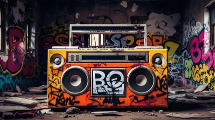 Poster Retro old design ghetto blaster boombox radio cassette tape recorder from 1980s in a grungy graffiti covered room. music blaster. © Santy Hong