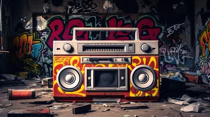 Fotobehang Retro old design ghetto blaster boombox radio cassette tape recorder from 1980s in a grungy graffiti covered room. music blaster. © Santy Hong