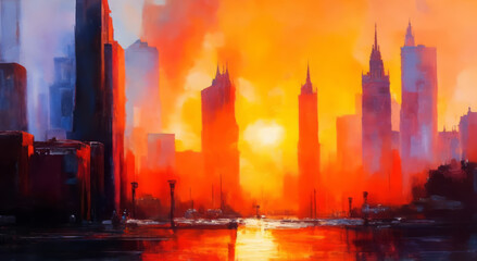 Fototapeta na wymiar Sunset of the city, An oil painting art. Cityscape oil painting artwork. Warm tones at sunset, with a view of the sun and skyscrapers.