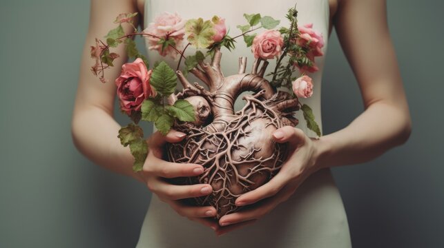 A female hands holding a rose seedling, whose roots and stem resemble the shape of a human heart.