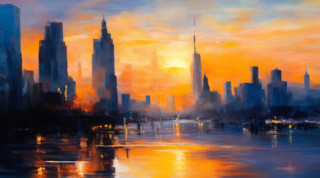 Sunset of the city, An oil painting art. Cityscape oil painting artwork. Warm tones at sunset, with a view of the sun and skyscrapers. Sea in the city.