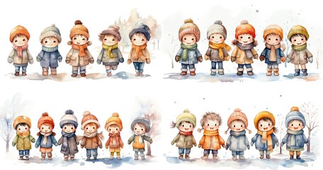 watercolor style illustration, group of kids girls and boy walking together wearing winter coat hat and scarf, collection set, Generative Ai - obrazy, fototapety, plakaty