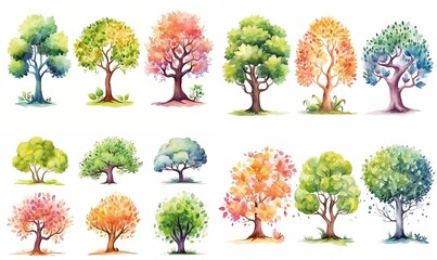 watercolor style illustration of autumn tree collection set, cartoon collection set isolated on white background, Generative Ai	
