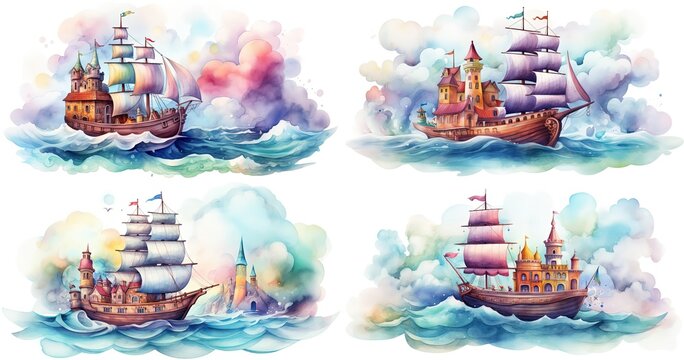 watercolor style illustration of fairytale pirate ship sailing over sea, collection set, cartoon illustration isolated on white background, Generative Ai