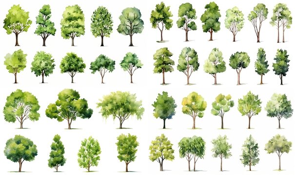 watercolor style illustration of summer or spring tree collection set, cartoon illustration isolated on white background,  Generative Ai	
