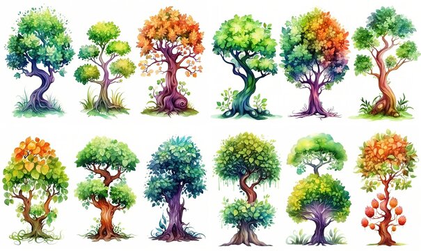 watercolor style cartoon illustration of fantasy enchanted forest tree , isolated on white background, collection set, Generative Ai	
