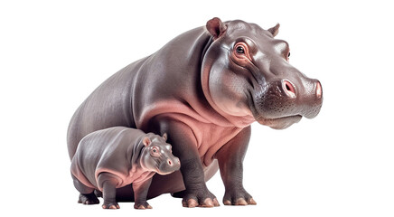 Adult hippopotamus with a hippo calf, cut out