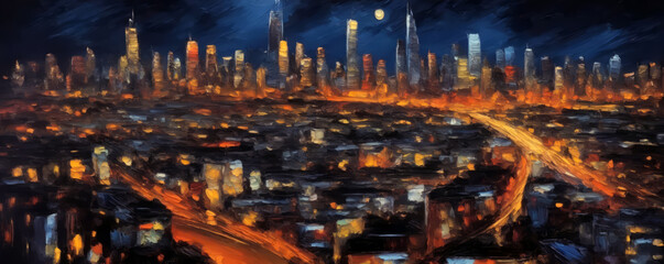 An oil painting of cityscape artwork, night at the city. Oil painting brushes. Can be used as background or wallpaper.