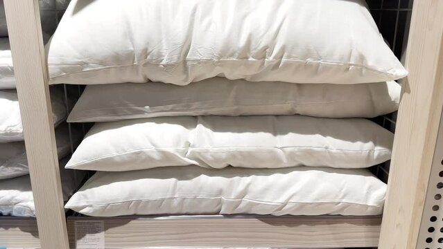 Stacked white soft pillows on top of each other on a shelf. Choosing a pillow in the store. Products for the bedroom