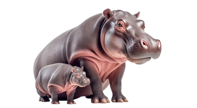 Adult hippopotamus with a hippo calf, cut out