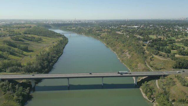 Revealing aerial shot of the 1908  train bridge in Edmonton Alberta