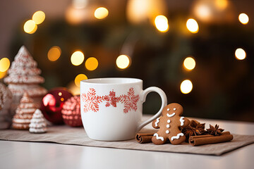 Festive Christmas mug with gingerbread man and cinnamon. Cozy winter scene with Christmas spices and gingerbread.