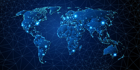 Modern world map with connection lines and capital cities