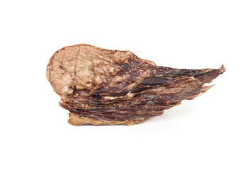 Dried beef lung treat for dog snacks. Large air dried or dehydrated cattle beef lung. Single protein ingredient rich on vitamins and minerals with soft texture. Selective focus. White background