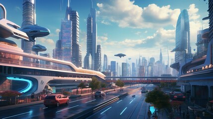A bustling futuristic cityscape with flying cars and holographic billboards, an exciting choice for cyberpunk enthusiasts. - obrazy, fototapety, plakaty
