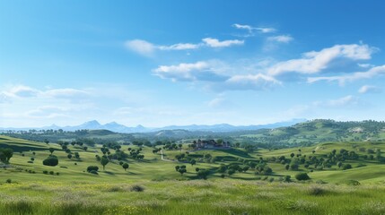 Fototapeta na wymiar A panoramic view of a serene countryside with rolling hills and a clear blue sky, perfect for countryside or farming game streams.