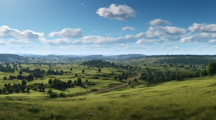Fototapeta na wymiar A panoramic view of a serene countryside with rolling hills and a clear blue sky, perfect for countryside or farming game streams.