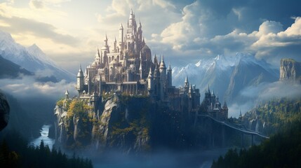 An epic fantasy castle perched on a mountaintop, suitable for medieval or fantasy-themed streams.